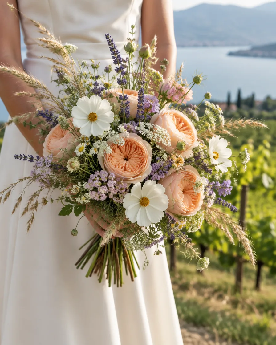 A garden bouquet of peach roses, cosmos and lavender with the lake behind