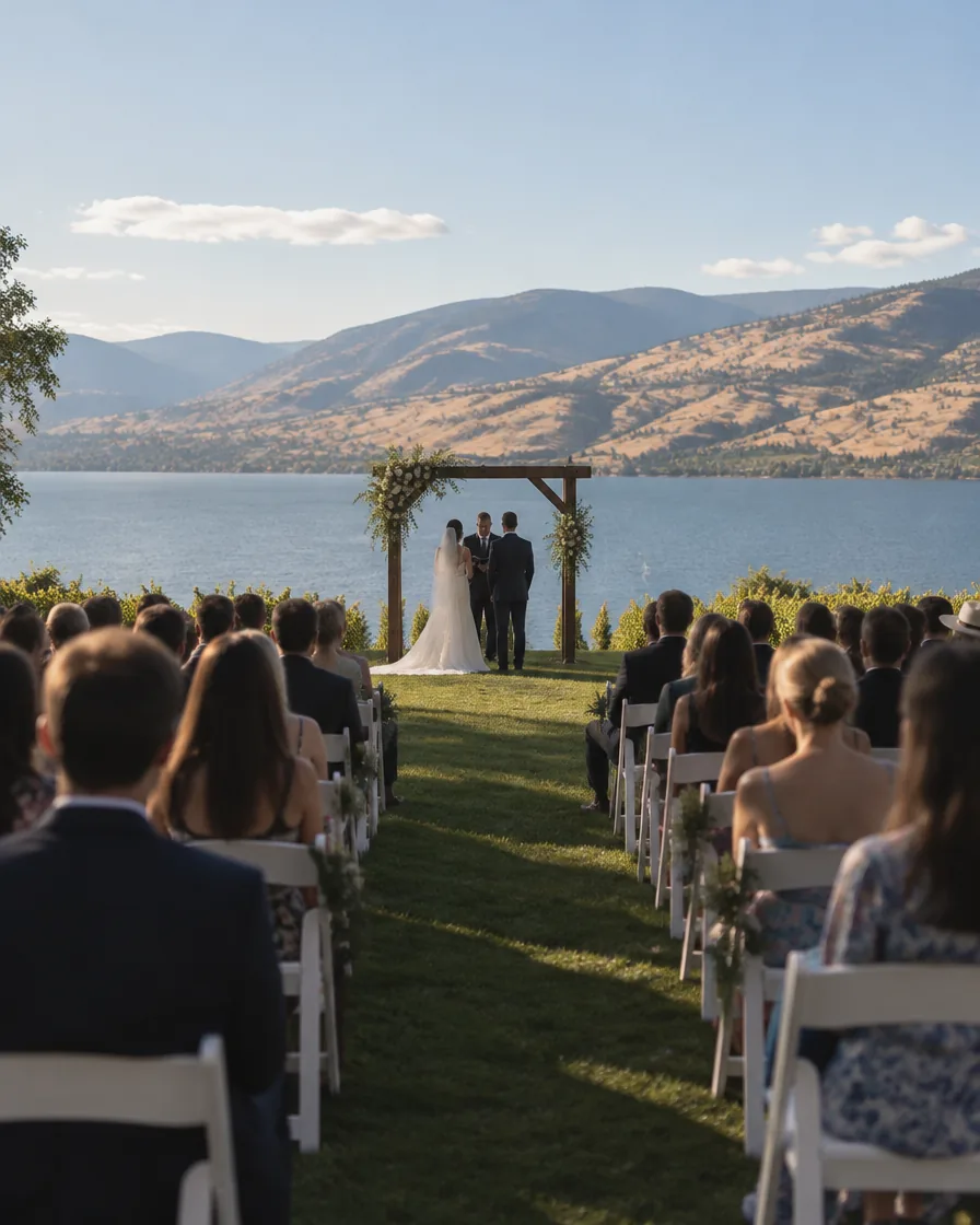 Guests watching a lakeside ceremony under a wooden arch