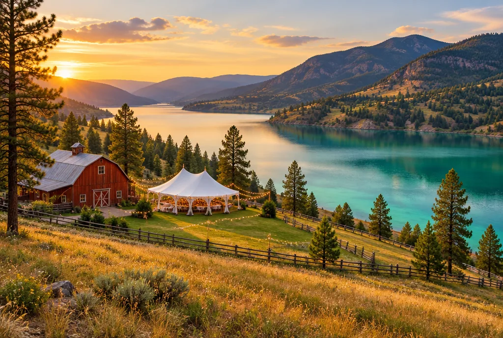 A red barn and reception tent above the turquoise water of Kalamalka Lake