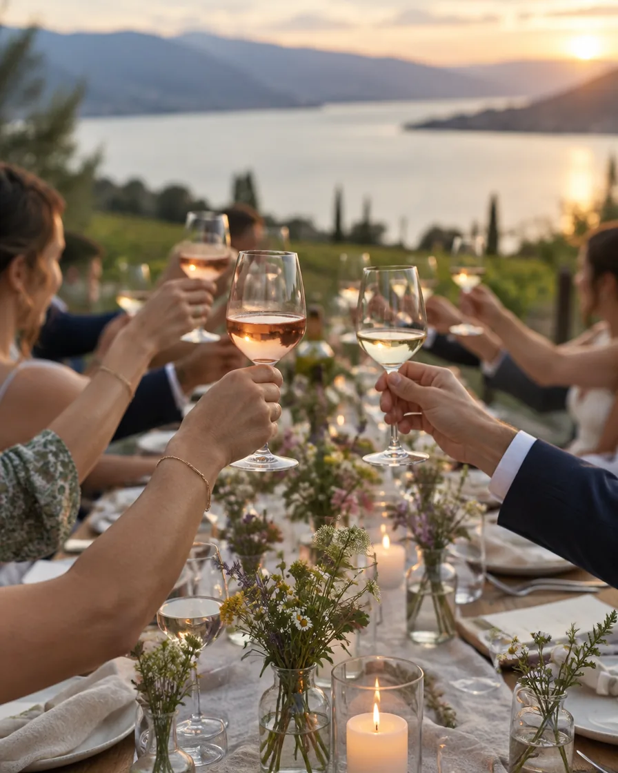 Guests raising glasses of wine at a long winery table